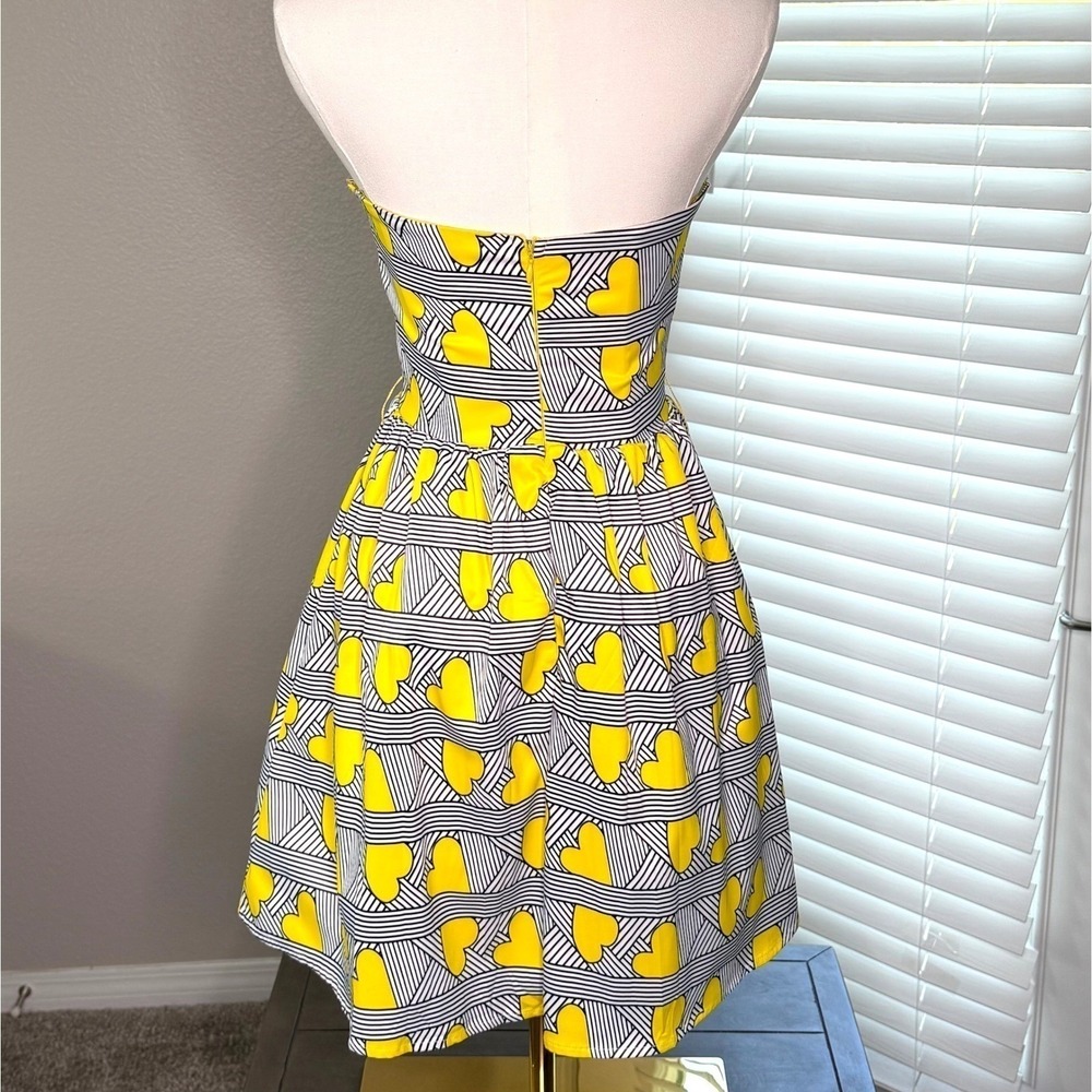 Strapless Heart Print Mini Dress Yellow Black White Whimsical Coquette Sz S NWT - Picture 5 of 13